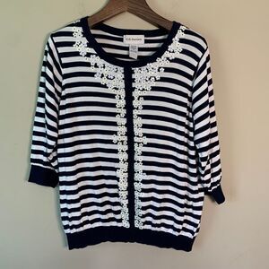 C.D. Daniels Navy/White Stripe Sweater Size 2X Floral Sequin Lightweight Spring